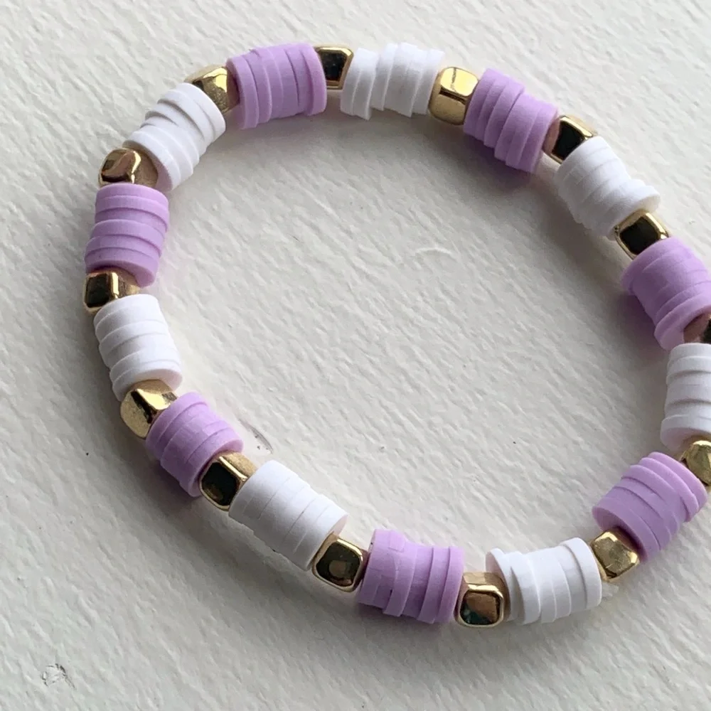 Handmade clay bead bracelet purple/white gold square bead’s stretchy - Picture 5 of 5